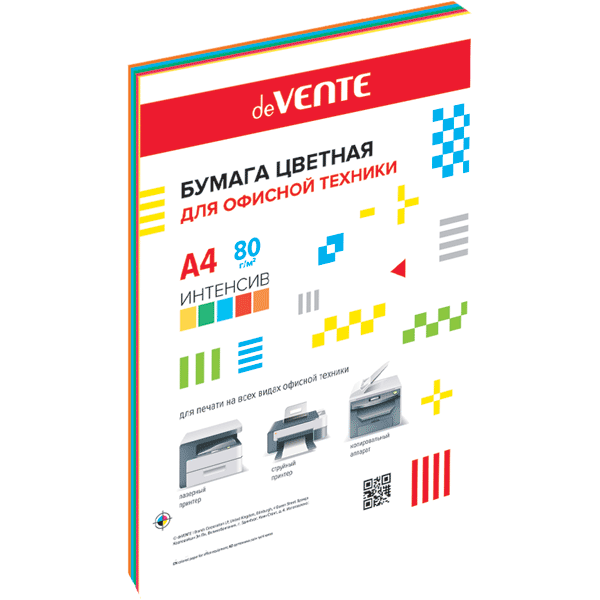 Бумага цветная для офисной техники 'deVENTE' A4 50 л, 80 г;м², ассорти (5 цветов), 2072414
